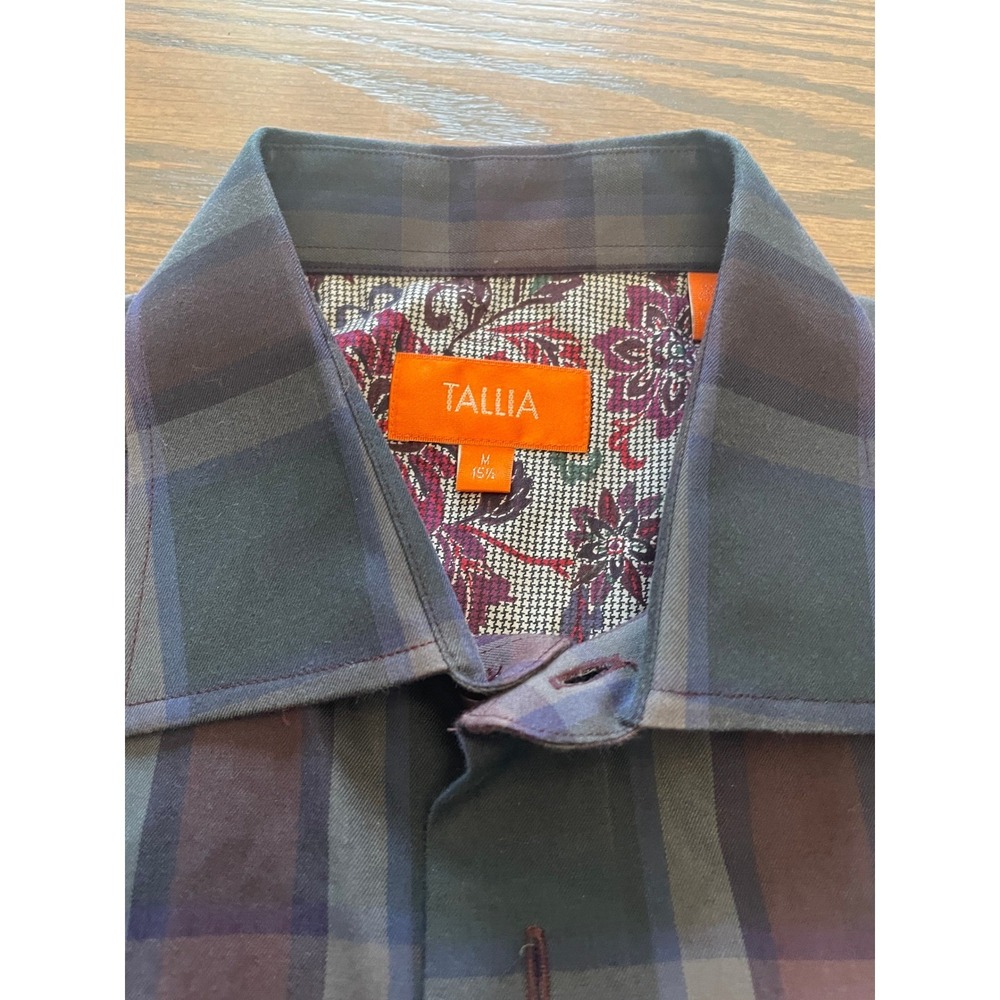 Tallia Mens Plaid Button Down Shirt Burgundy Navy Floral Contrast Cuff Size 15.5 - Picture 4 of 5
